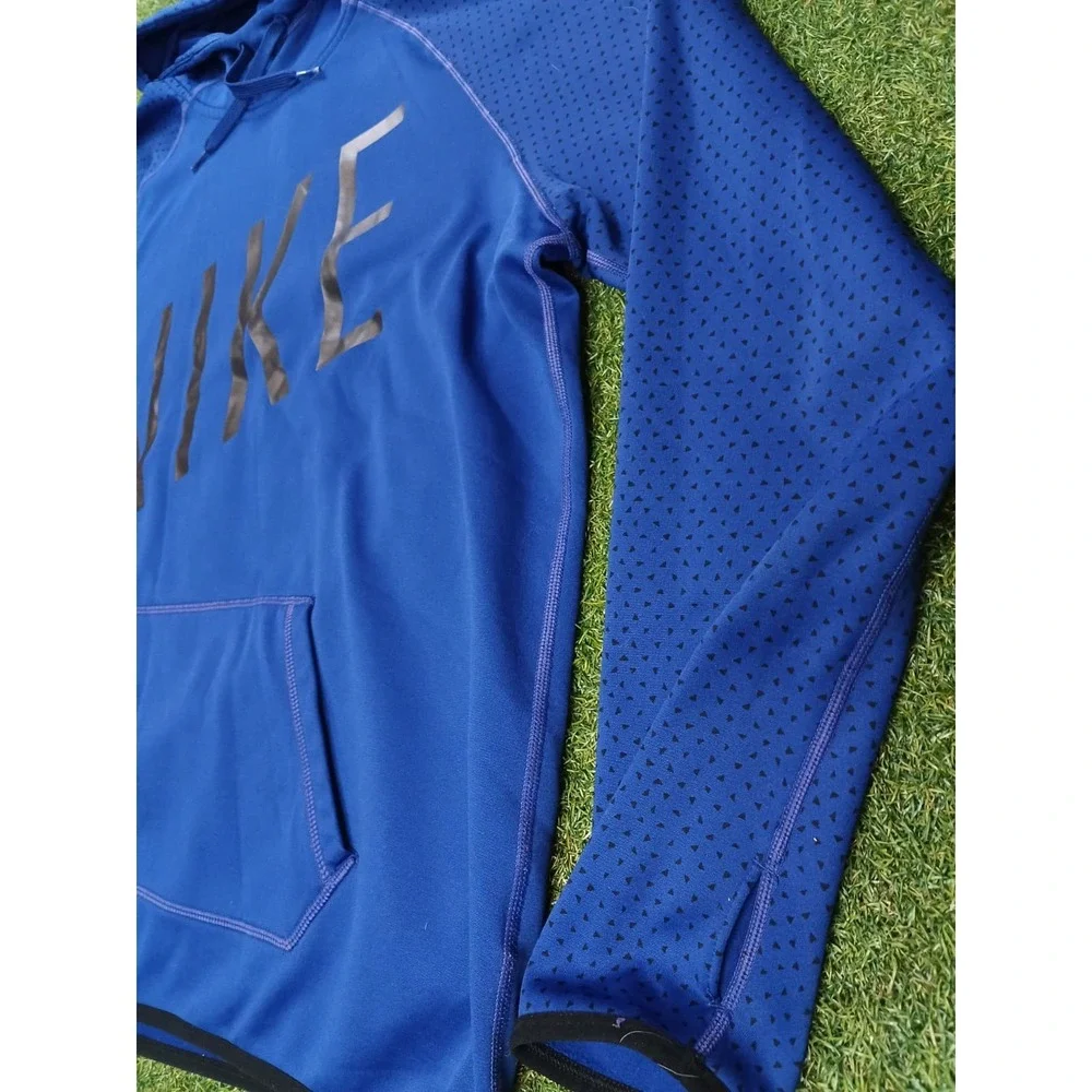 Nike Dri Fit Hoodie Mens XL Blue Spellout Graphic Raglan‎ Sleeve Fleece Lined